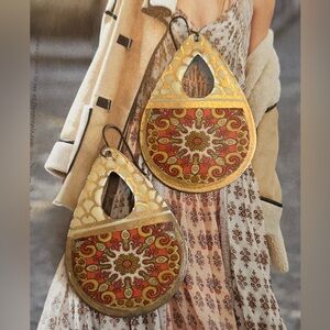 Bohemian Teardrop Earrings with Red and Gold Accents